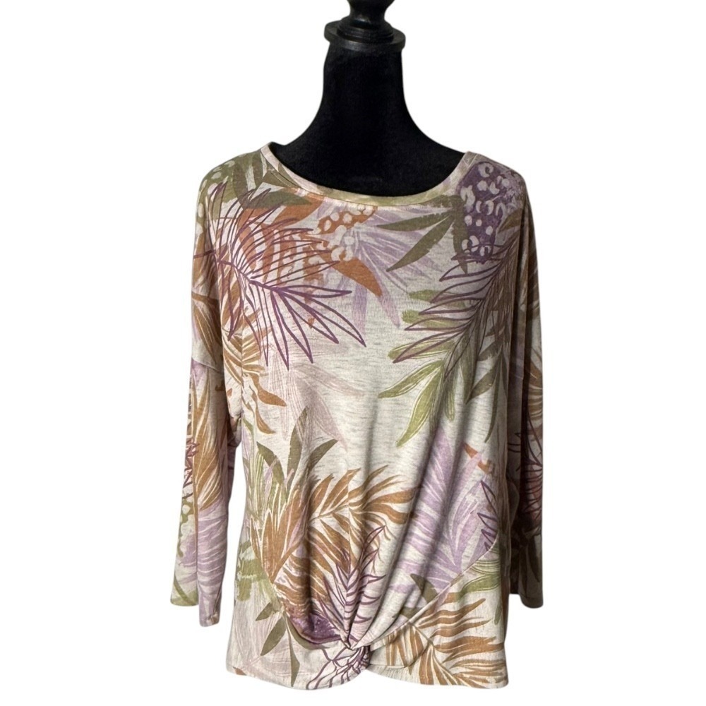 Democracy Tropical Palm Leaf Print Top Womens L Twist Front Heathered Earth Tone